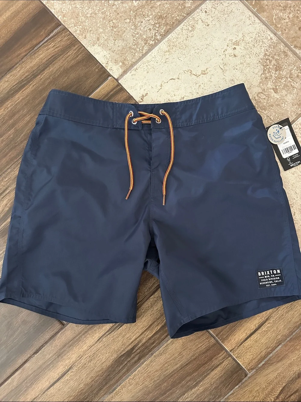 Brixton Vintage Nylon Men's Navy Swim Trunks with Orange Drawcord 30